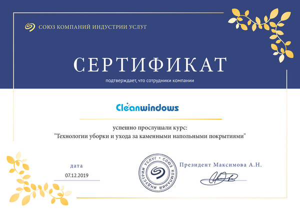 Клинеры компании "Cleanwindows" успешно прослушали курс: "Технологии уборки и ухода за каменными напольными покрытиями" в Союзе компаний индустрии услуг.