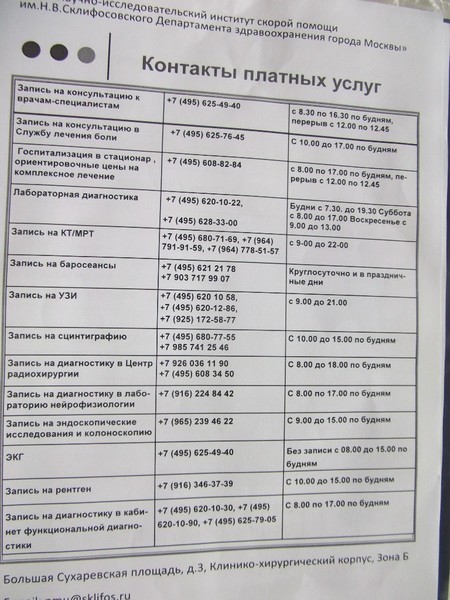 8-495-755-71-06 Платные медицинские услуги в ГБУЗ «НИИ СП им. Н.В. Склифосовского ДЗМ» оказываются на основании действующей лицензии на осуществление медицинской деятельности № ЛО-77-01-015157 от 15.11.2017 г (ссылка) и в соответствии с действующими нормативными документами: ст.84 Федерального закона от 21.11.2011 N 323-ФЗ "Об основах охраны здоровья граждан в Российской Федерации", Закон РФ от 07.02.1992 N 2300-1 "О защите прав потребителей", Постановление Правительства РФ от 04.10.2012 № 1006 "Об утверждении Правил предоставления медицинскими организациями платных медицинских услуг», приказами Департамента здравоохранения города Москвы от 02.10.2013 №944 «Об утверждении правил оказания платных услуг гражданам и юридическим лицам государственными организациями системы здравоохранения города Москвы» и от 14 декабря2011 года № 1743 «Об утверждении Порядка определения платы за оказание государственными учреждениями всех типов Департамента здравоохранения города Москвы гражданам и юридическим лицам за плату государственных услуг (выполнение работ), относящихся к их основным видам деятельности, оказываемых сверх установленного государственного задания, а также в случаях, определенных федеральными законами, в пределах установленного государственного задания», Гражданского кодекса РФ, Бюджетного кодекса РФ, Налогового кодекса РФ, Закона РФ «О защите прав потребителей», Закона РФ «О медицинском страховании граждан в Российской Федерации» и на основании разрешения Департамента здравоохранения города Москвы на оказание платных медицинских услуг в ГБУЗ «НИИ СП им. Н.В. Склифосовского ДЗМ» №01-38-6716/11 от 19.10.2011г. 

Порядок и условия оказания платных медицинских услуг 

За медицинской помощью на платной основе может обратиться любой гражданин Российской Федерации, а также иностранные граждане. 

Нашими пациентами могут стать клиенты страховой компании или предприятия, заключившие договора на обслуживание сотрудников, а также частные лица. 
Предоставление платных услуг гражданам осуществляется при наличии добровольного информированного согласия пациента. 

Платные медицинские услуги оказываются гражданам после очной консультации специалистов. 

Запись на консультацию к специалистам производится через регистратуру платных медицинских услуг НИИ СП им. Н.В. Склифосовского по телефону +7 (495) 625-49-40 с 8.30 до 16.30 по будням. 

Основанием для оказания медицинских услуг за плату является предоставление платных медицинских услуг на иных условиях, чем предусмотрено Программой, территориальными программами и (или) целевыми программами, по желанию потребителя (заказчика), включая в том числе: 
установление индивидуального поста медицинского наблюдения при лечении в условиях стационара; 
применение лекарственных препаратов, не входящих в перечень жизненно необходимых и важнейших лекарственных препаратов, если их назначение и применение не обусловлено жизненными показаниями или заменой из-за индивидуальной непереносимости лекарственных препаратов, входящих в указанный перечень, а также применение медицинских изделий, лечебного питания, в том числе специализированных продуктов лечебного питания, не предусмотренных стандартами медицинской помощи; 
при предоставлении медицинских услуг анонимно, за исключением случаев, предусмотренных законодательством Российской Федерации; 
гражданам иностранных государств, лицам без гражданства, за исключением лиц, застрахованных по обязательному медицинскому страхованию, и гражданам Российской Федерации, не проживающим постоянно на ее территории и не являющимся застрахованными по обязательному медицинскому страхованию, если иное не предусмотрено международными договорами Российской Федерации; 
при самостоятельном обращении за получением медицинских услуг, за исключением случаев и порядка, предусмотренных статьей 21 Федерального закона от 21 ноября 2011 года № 323-ФЭ "Об основах охраны здоровья граждан в Российской Федерации", и случаев оказания скорой, в том числе скорой специализированной, медицинской помощи и медицинской помощи, оказываемой в неотложной или экстренной форме".  8-495-755-71-06 , 24/7 ;